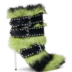 AZALEA WANG "RADIOACTIVE BHADDIE" Studded Green and Black Fur Ankle Booties
